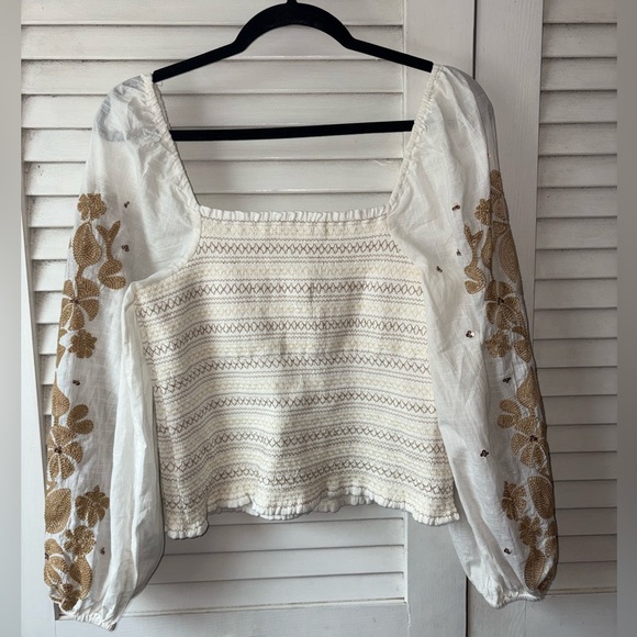 NWT Anthropologie White Embroidered Puff Sleeve Square Neck Top Medium - Picture 8 of 8
